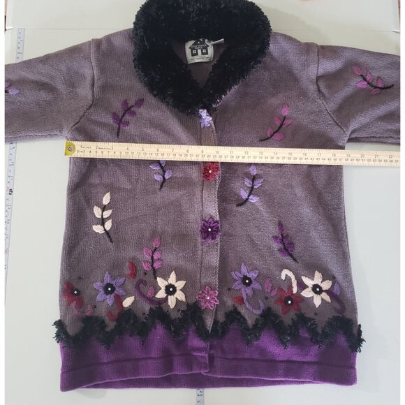 Vintage 90s Storybook Knits Purple Floral Embroidered Cardigan Sweater Size M - Picture 4 of 6